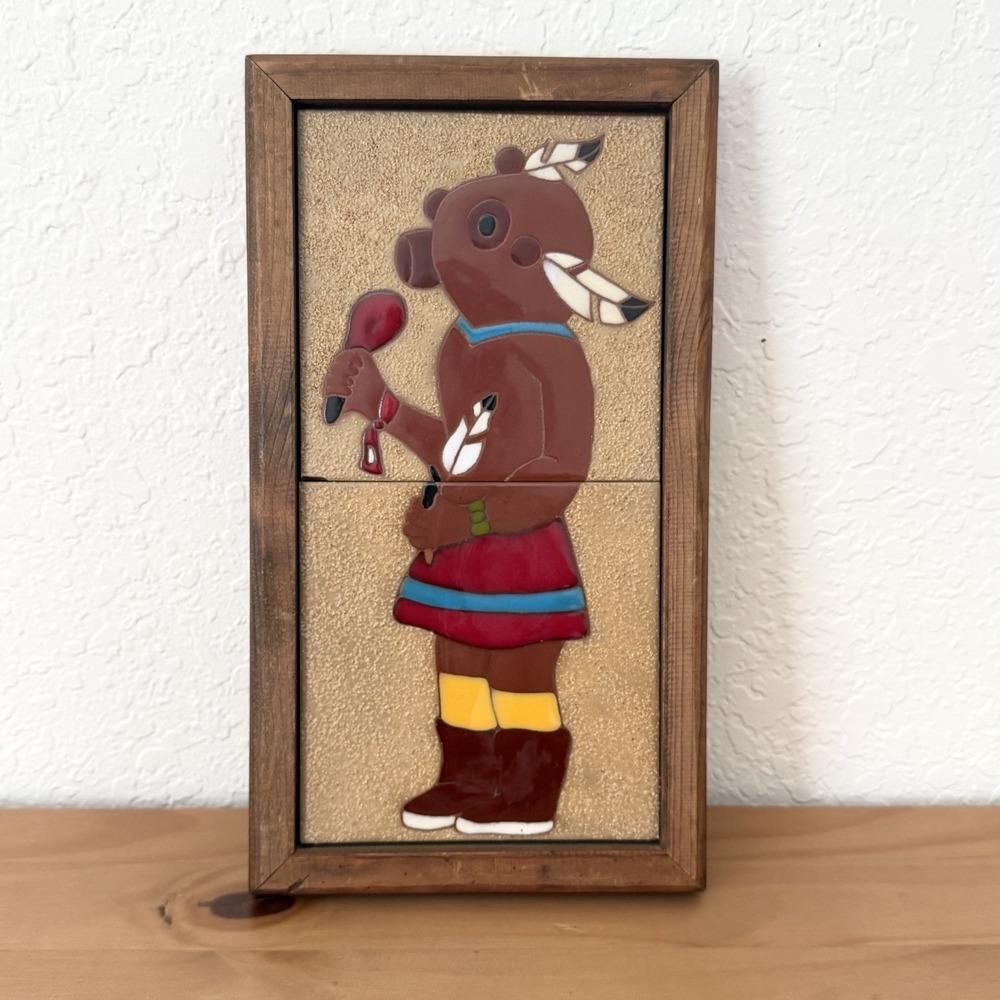 Vtg Kachina Mudhead Art Hopi Native American Indian Hand Painted Tile Framed
